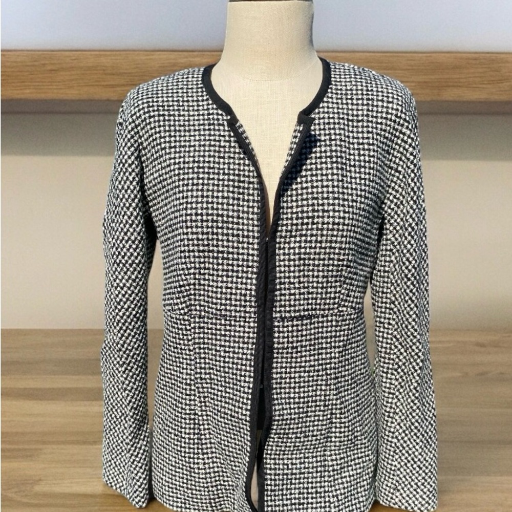 Talbots Blazer Jacket Womens Size 10 Wool Stretch Links Lined Houndstooth Black
